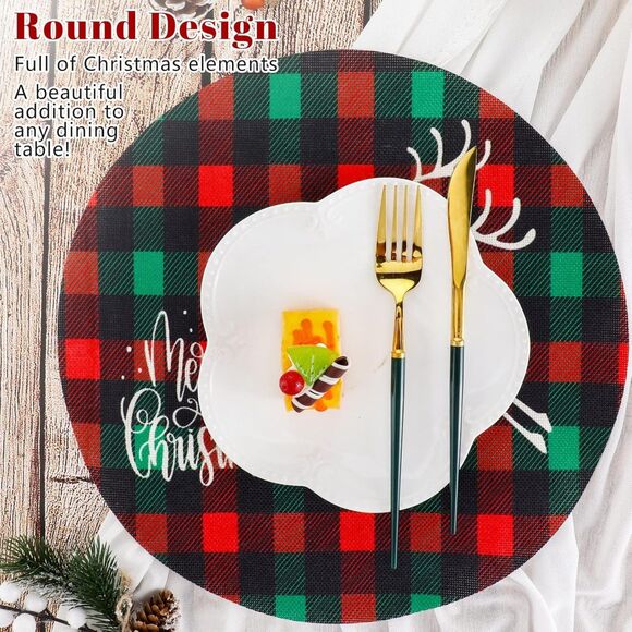 6 Pcs Round Christmas Placemats Winter Snowflake Deer Buffalo Plaid Table - Picture 4 of 6